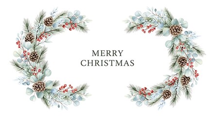 Elegant watercolor christmas wreath with frosted pine branches pinecones and red berries forming a decorative frame with merry christmas text inside