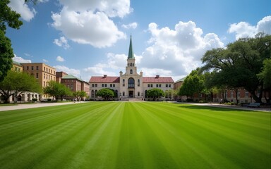 Fototapeta premium Grassy campus quad courtyard with several historic buildings in background, large meadow front yard college green space under sunny summer cloud blue sky in Texas, education, landscaping concept
