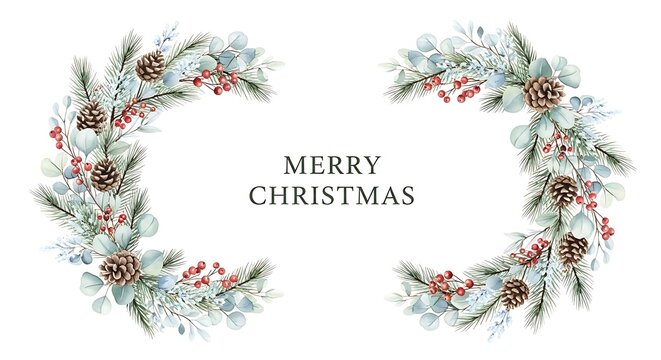 Elegant watercolor christmas wreath with frosted pine branches pinecones and red berries forming a decorative frame with merry christmas text inside
