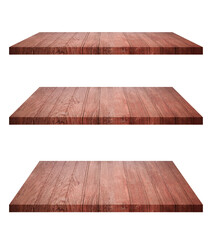 Set of empty brown wooden shelf table on white background. for montage of your product
