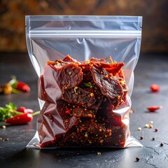 Spicy jerky in clear ziplock bag