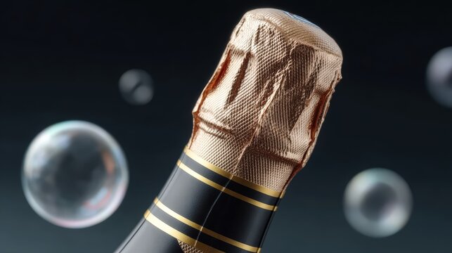 Celebration spirit captured in a geometric abstract illustration of a champagne bottle with bubbles in a dynamic composition. National Champagne Day