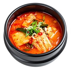 Spicy kimchi stew in a black bowl