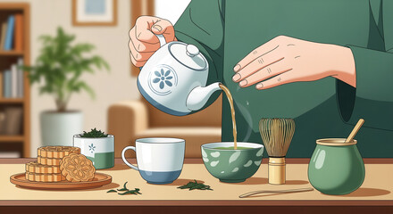Preparing Traditional Japanese Matcha Green Tea Ceremony with Mooncakes and Teaware, Vector Illustration