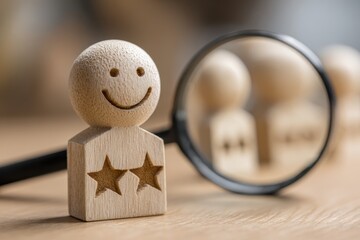 Customer Review Concept Featuring Wooden Figure with Two Stars Under a Magnifying Glass Highlighting Consumer Assessment of Service Quality and Brand Reputation