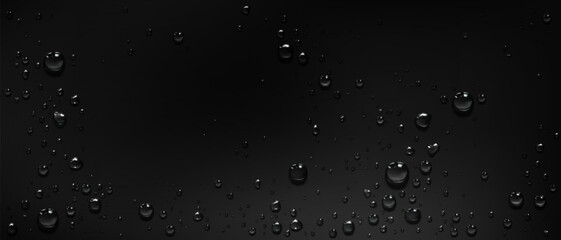 Obraz premium Water drops on smooth black surface. Vector realistic illustration of dark glass background with transparent liquid droplets, light reflection in aqua bubbles on wet window, moisture splash texture