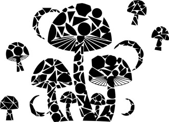Black Geometric Mushrooms with Unique Abstract Mosaic Design.