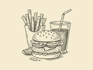 Burger fries and soda engraving style vector illustration