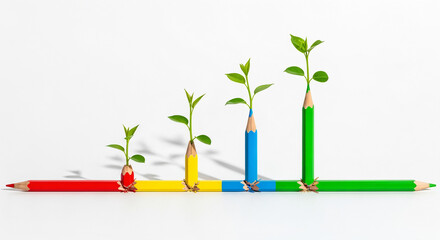 Business Growth and Education Concept: Seedlings Sprouting from Colorful Pencils as Bar Chart
