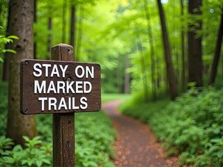 Stay on Marked Trails Sign on Wooden Post in Forest Path