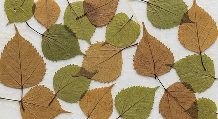 Pressed Autumn Leaves Background on Textured Handmade Paper