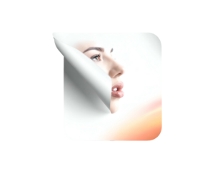 A woman's profile is revealed behind a curled corner, overlayed on a white square