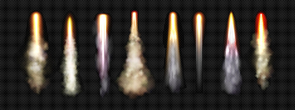 Glowing rocket flames with fire trails and jet exhaust streams for spaceship launch or propulsion effect. Orange plasma thrust with smoke plumes and bright energy beams. Spacecraft engine elements.