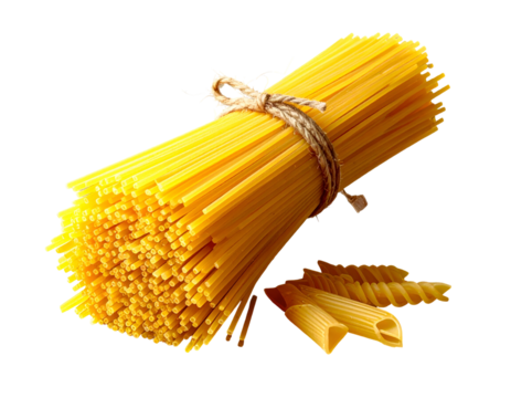 A tied bundle of long, yellow pasta with a few other shapes scattered below