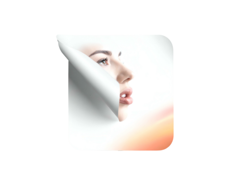 A woman's profile is revealed behind a curled corner, overlayed on a white square