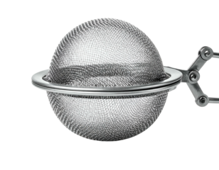 A stainless steel, sphere-shaped infuser with hinged handle for steeping loose leaf tea