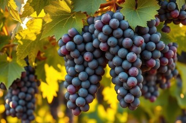 Frontal view showing ripe violet grapes with a natural bloom, dense bunches hanging among fresh leaves under warm late-afternoon sunlight. Generative AI