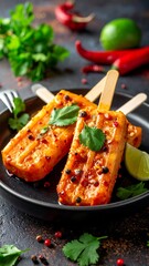 Spicy orange popsicles on a dark plate with lime and herbs