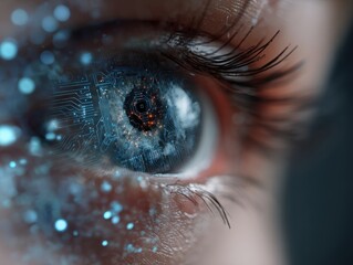 Human-Machine Integration Eye Close-up with Digital Circuitry Overlay Depicting Future Technology and Advanced Artificial Intelligence Visions
