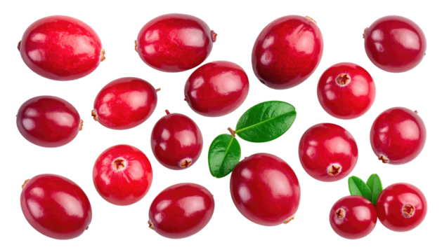 Scattered cranberries and green leaves on a black background offer a vibrant, fresh, and natural aesthetic