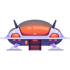 Pixel Art Spaceship Futuristic Vehicle with Orange Tinted Windows and Purple Landing Gear on Transparent Background
