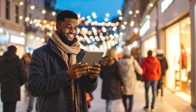 A casually dressed man stands on a bustling sidewalk, intently using his smartphone, surrounded by vibrant city life and pedestrians passing by.