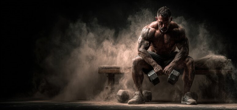 Muscular man sitting on a bench in a gym, holding dumbbells, surrounded by dust and smoke, showcasing strength and determination in a powerful fitness environment