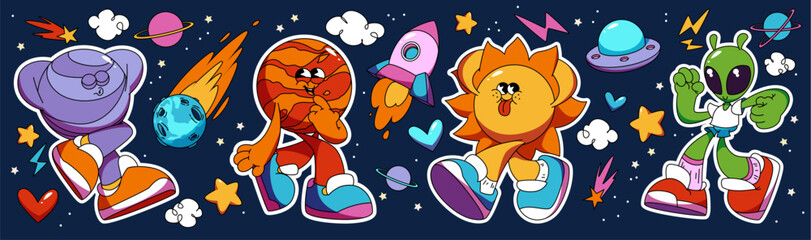 Funky planet character stickers with retro groovy mascots on dark blue cosmic background. Purple globe and Mars, cheerful sun and green alien space creature in sneakers among stars, rockets and UFOs