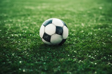Fototapeta premium Worn soccer ball resting on a vibrant green playing field, ready for the next match