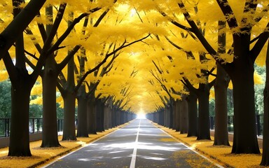 Ginkgo yellow leaves at the road inside the University of Tokyo. High quality