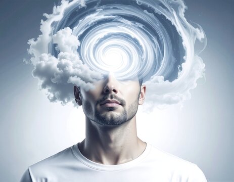 A thoughtful man gazes upward, his head surrounded by fluffy white clouds, embodying a sense of daydreaming and contemplation against a bright blue sky.