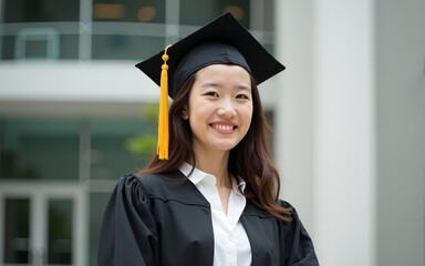Young happy Asian woman university graduate in graduation gown and cap in the college campus. Education stock photo. High quality