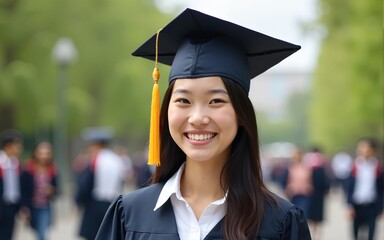 Young happy Asian woman university graduate in graduation gown and cap in the college campus. Education stock photo. High quality