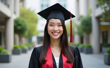 Young happy Asian woman university graduate in graduation gown and cap in the college campus. Education stock photo. High quality