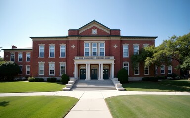 Exterior view of a typical American school building. High quality