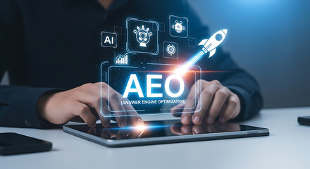 Naklejka premium AEO Concept – Answer Engine Optimization for AI Search, Conversational Queries, and Intelligent Content Discovery in Digital Marketing 