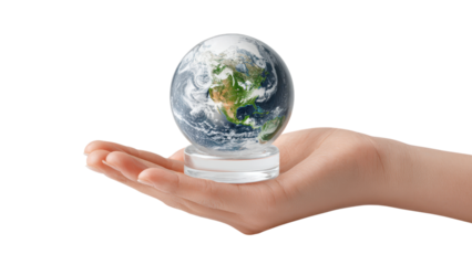 Hand Holding Earth Globe on Stand on White Background