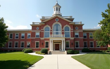 Exterior view of a typical American school building. High quality