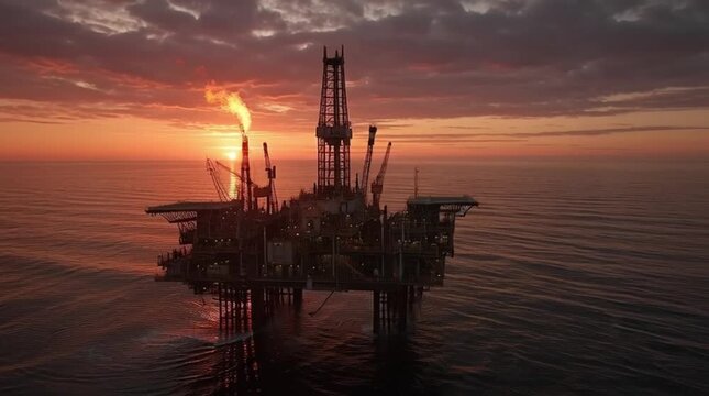 Dramatic offshore oil platform with a fiery flare burning against a stunning sunset over the tranquil ocean, representing global energy production and vital resource exploration