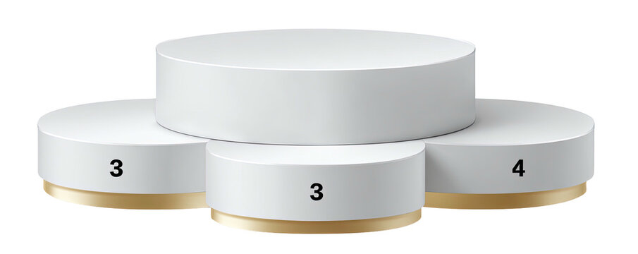 A tiered circular podium display with gold trim, numbered levels, and overlapping platforms on a black background