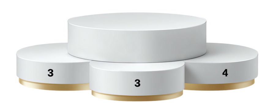 A tiered circular podium display with gold trim, numbered levels, and overlapping platforms on a black background