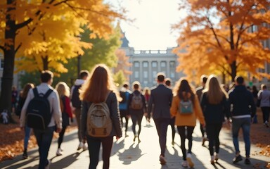 Crowd of students walking through a college campus on a sunny autumn day, motion blur. High quality