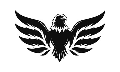 Eagle logo template. Black and white silhouette of an eagle with spread wings. Symmetrical and stylish logo, perfect for branding and emblems