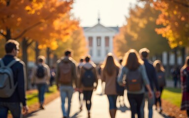 Crowd of students walking through a college campus on a sunny autumn day, motion blur. High quality