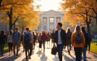 Crowd of students walking through a college campus on a sunny autumn day, motion blur. High quality