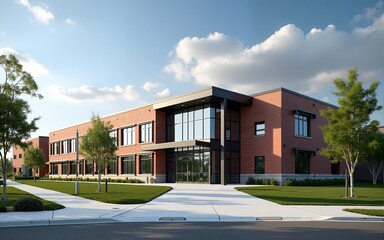 American school building exterior in daylight, architecture and educational facilities concept. High quality