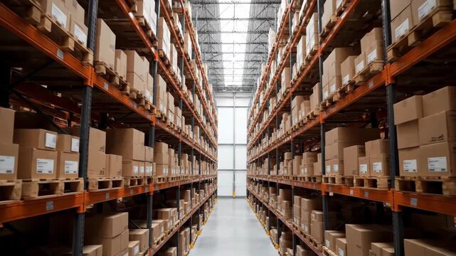 Dynamic Tracking Shot Gliding Through a Massive Warehouse Aisle with Endless Shelves of Inventory