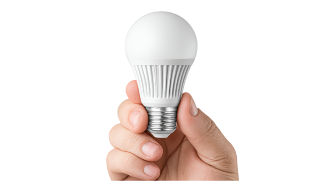 Hand Holding a White LED Light Bulb Isolated - Powered by Adobe