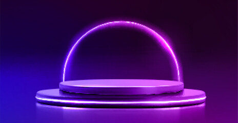 Round 3d podium with neon blue and purple backlight. Vector realistic illustration of two-tier stage for product presentation with bright shining semicircle on background, award ceremony pedestal