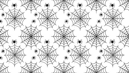 Spooky spider webs and spiders on white background